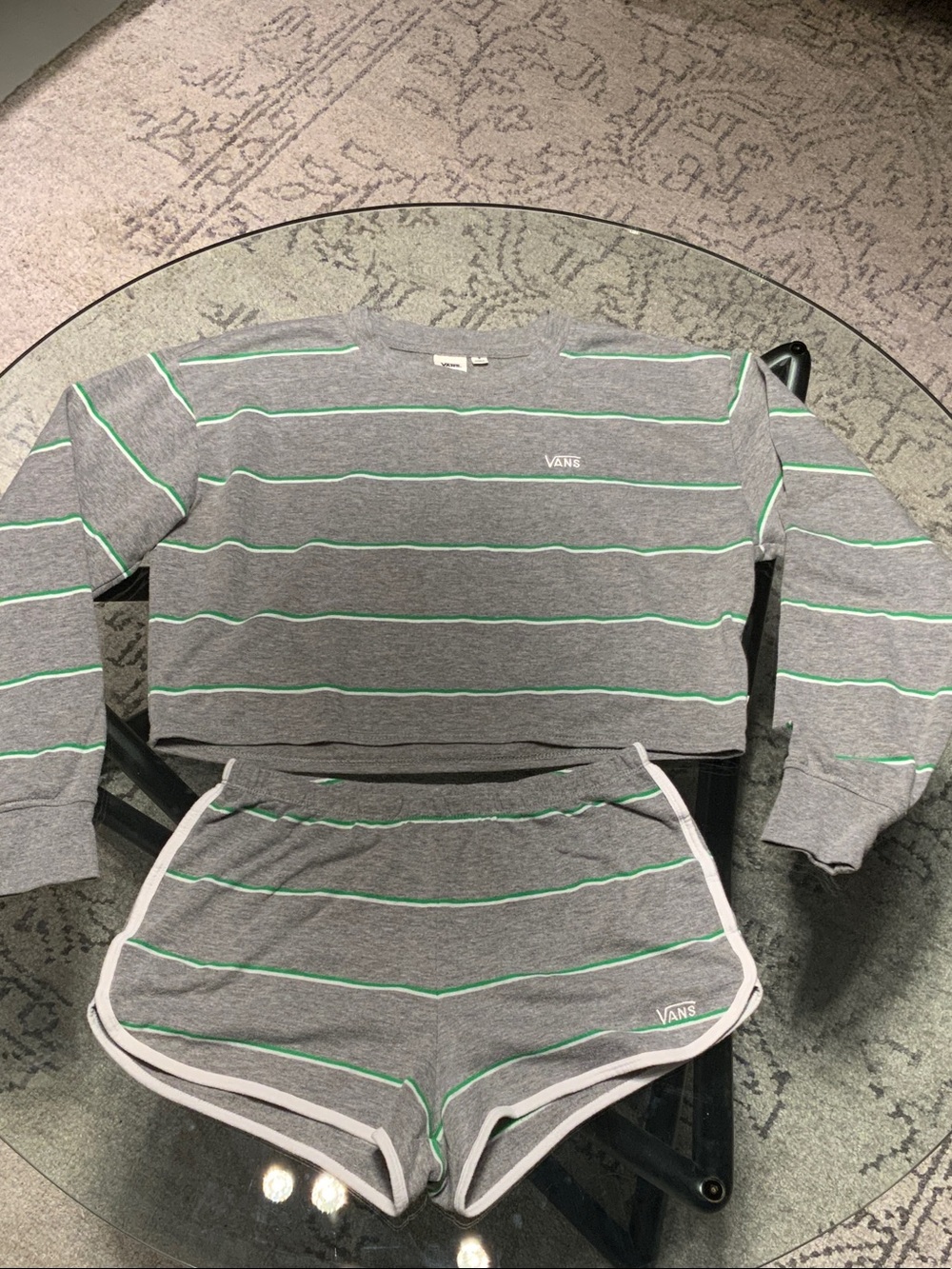 Vans Gray Stripe Cropped Long sleeve shirt & Short Set with Green Accents S